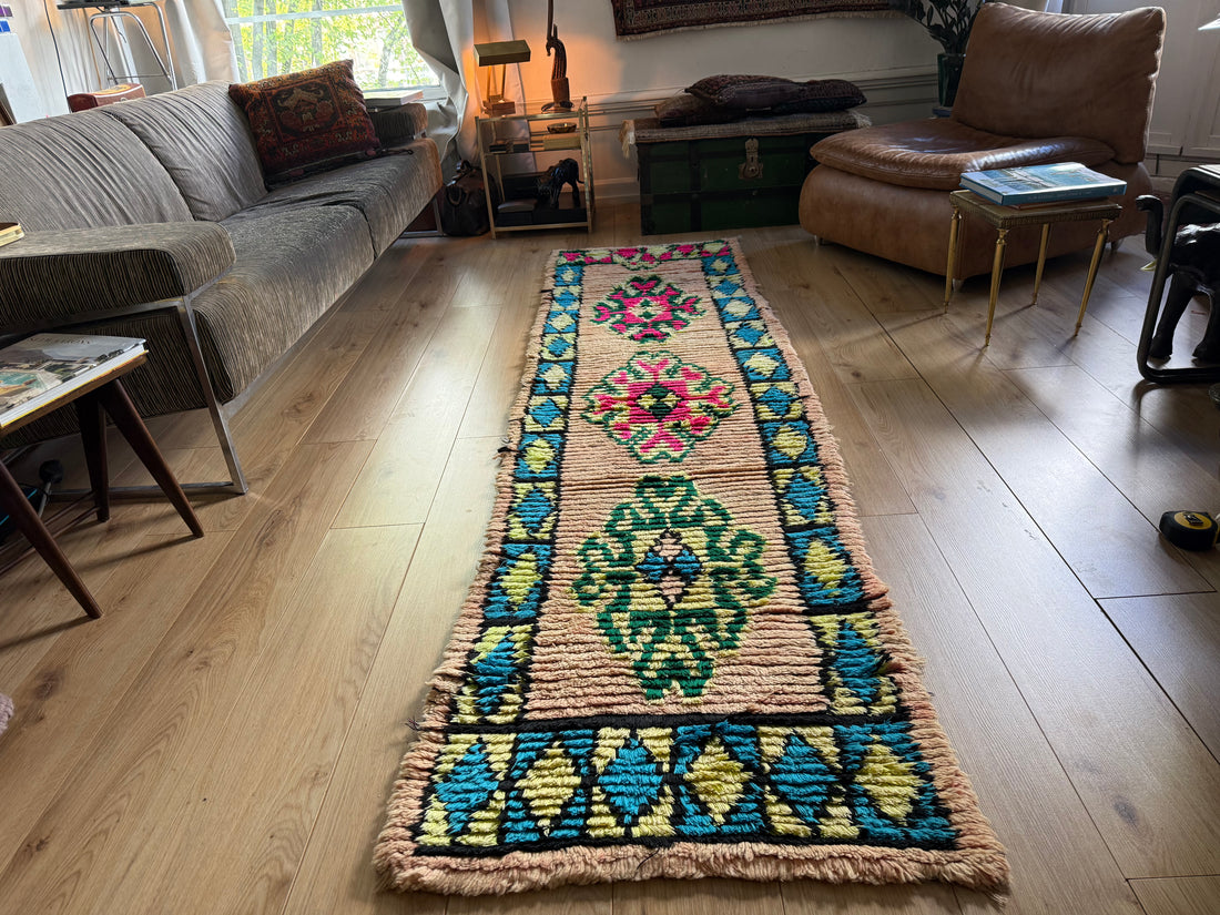 Vintage Moroccan Runner in Pink and Turquoise – 280 × 78 cm