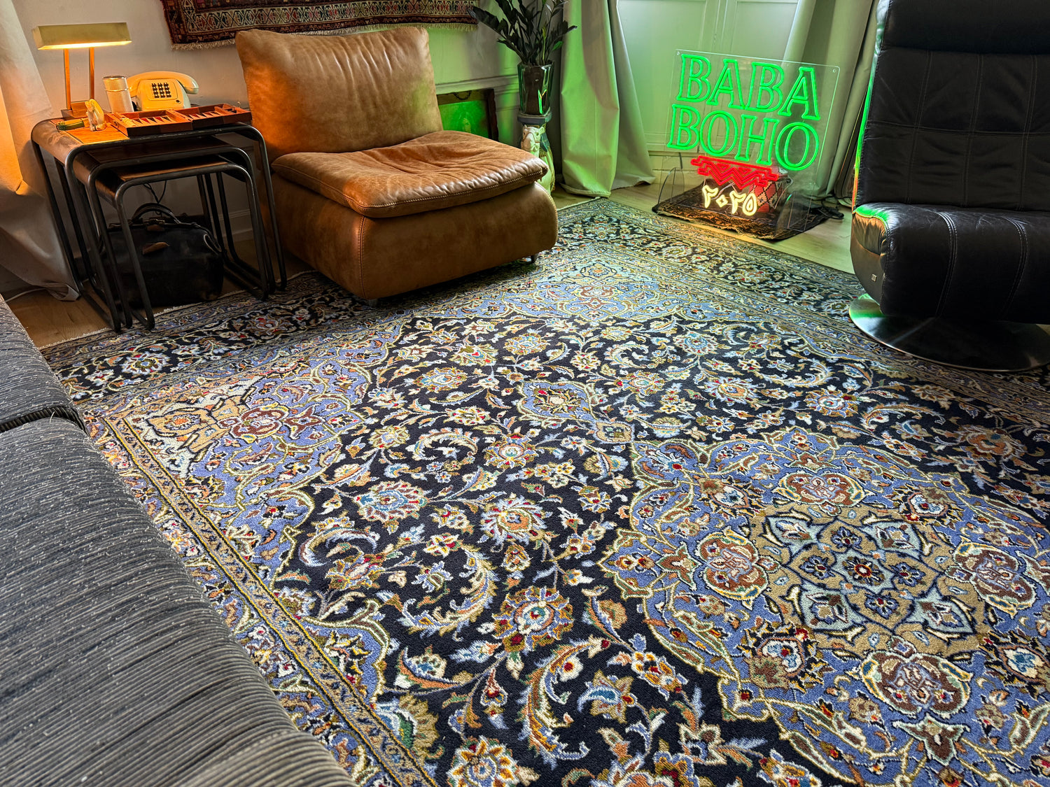 XL vintage medaillon tapijt in nachtblauw &amp; lichtblauw – ca. 408×295 cm