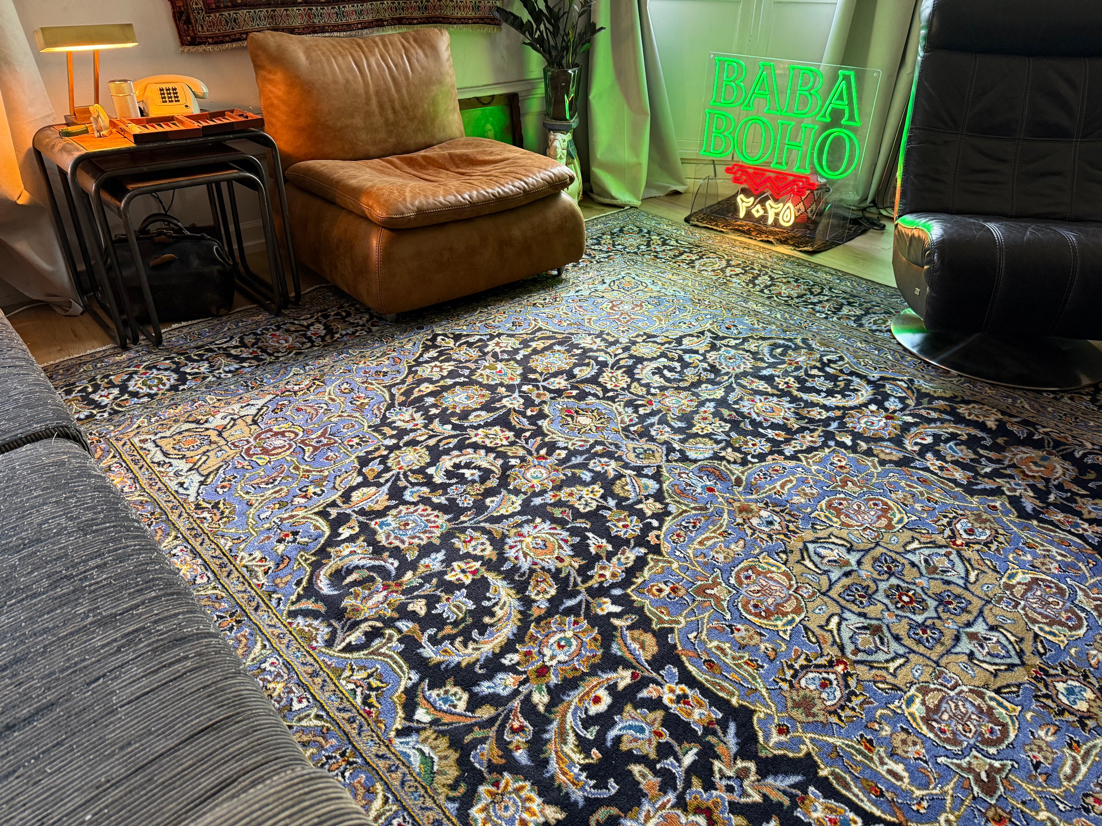 XL vintage medaillon tapijt in nachtblauw &amp; lichtblauw – ca. 408×295 cm