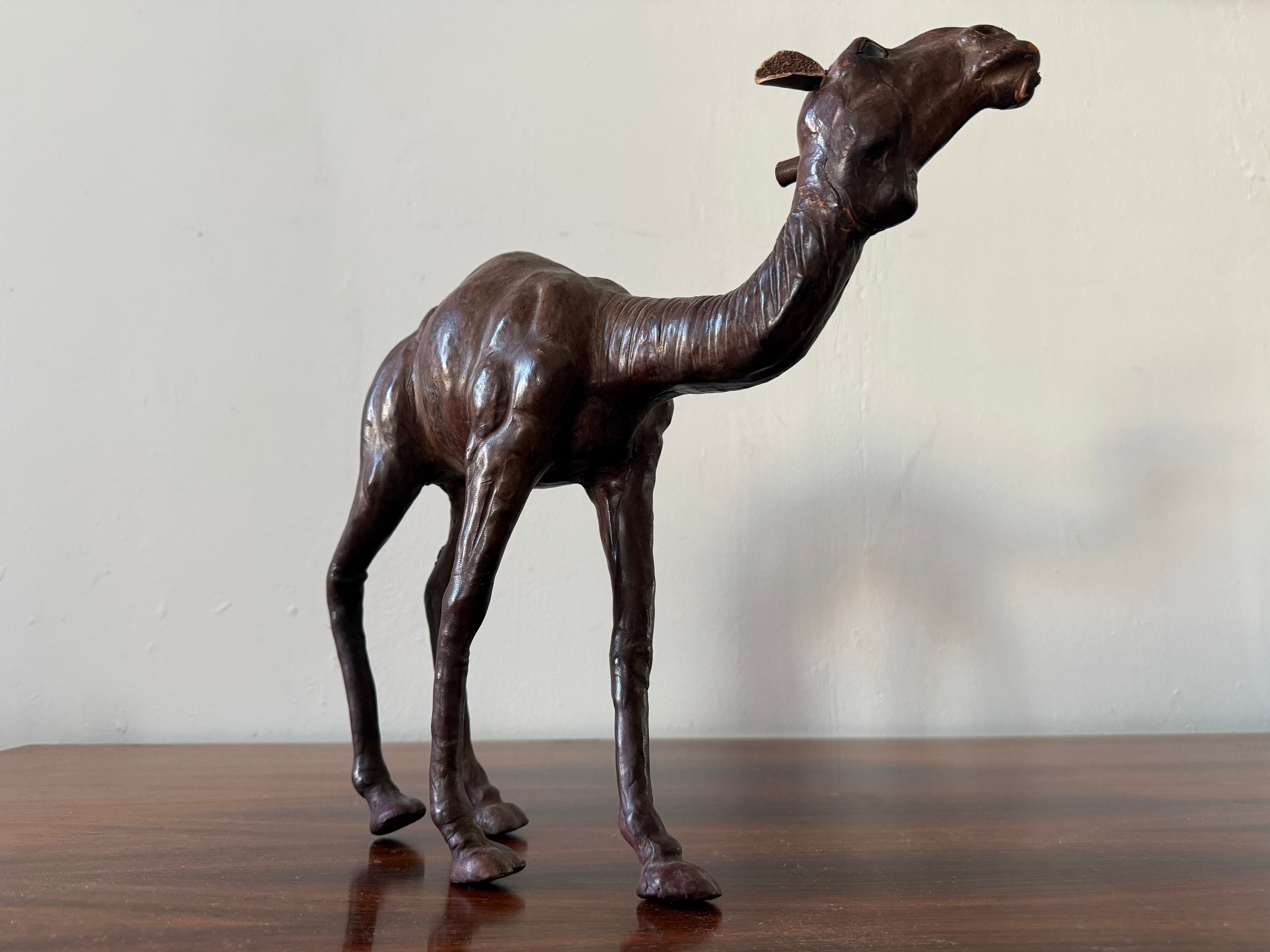 Vintage Dark Leather Camel (Dromedary) – Sculptural Handcrafted Wood &amp; Leather Object