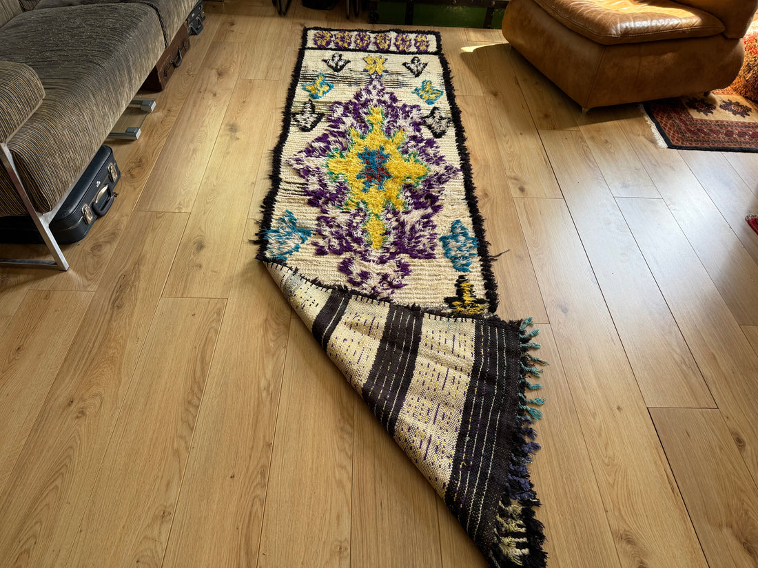 Handgeknoopte vintage Marokaanse Boucherouite loper – ca. 80 × 280 cm