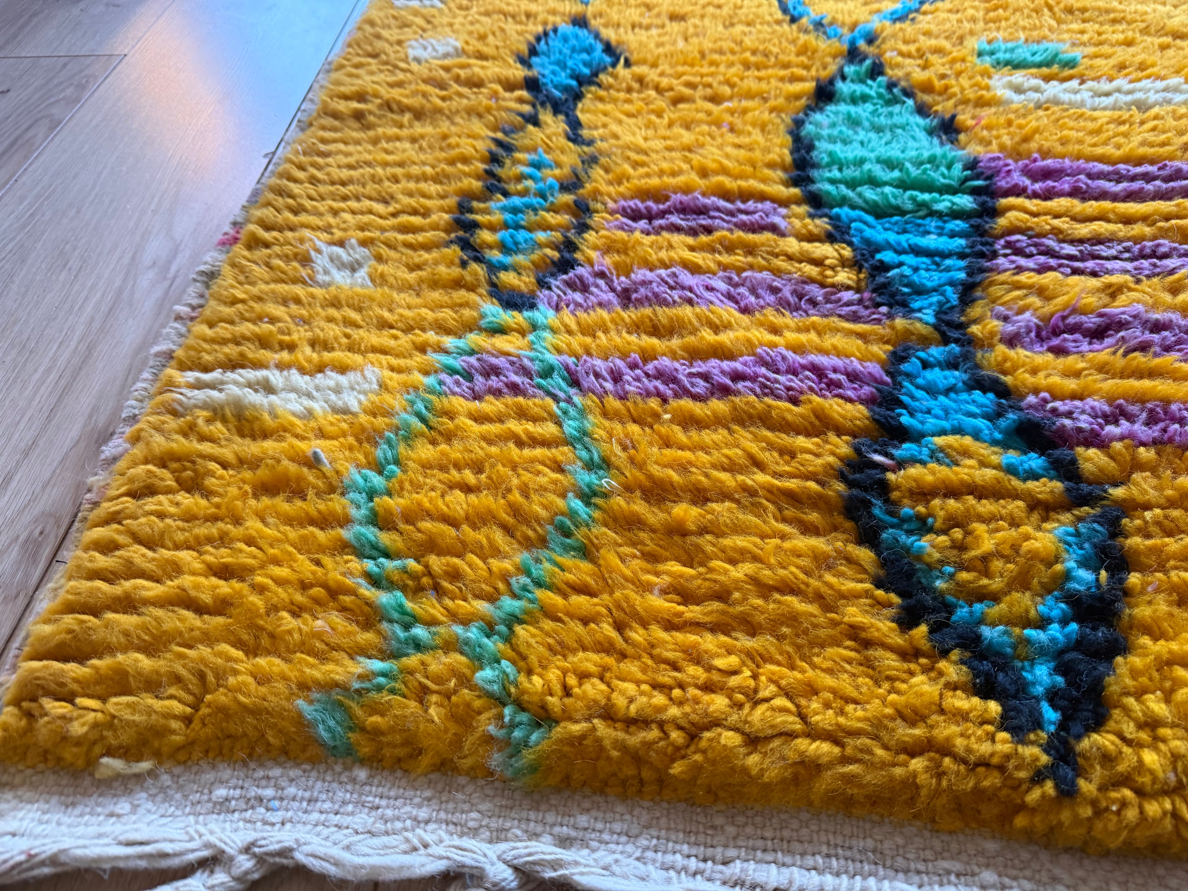 Vintage Moroccan runner – mustard yellow, lilac, and turquoise – 211 × 100 cm