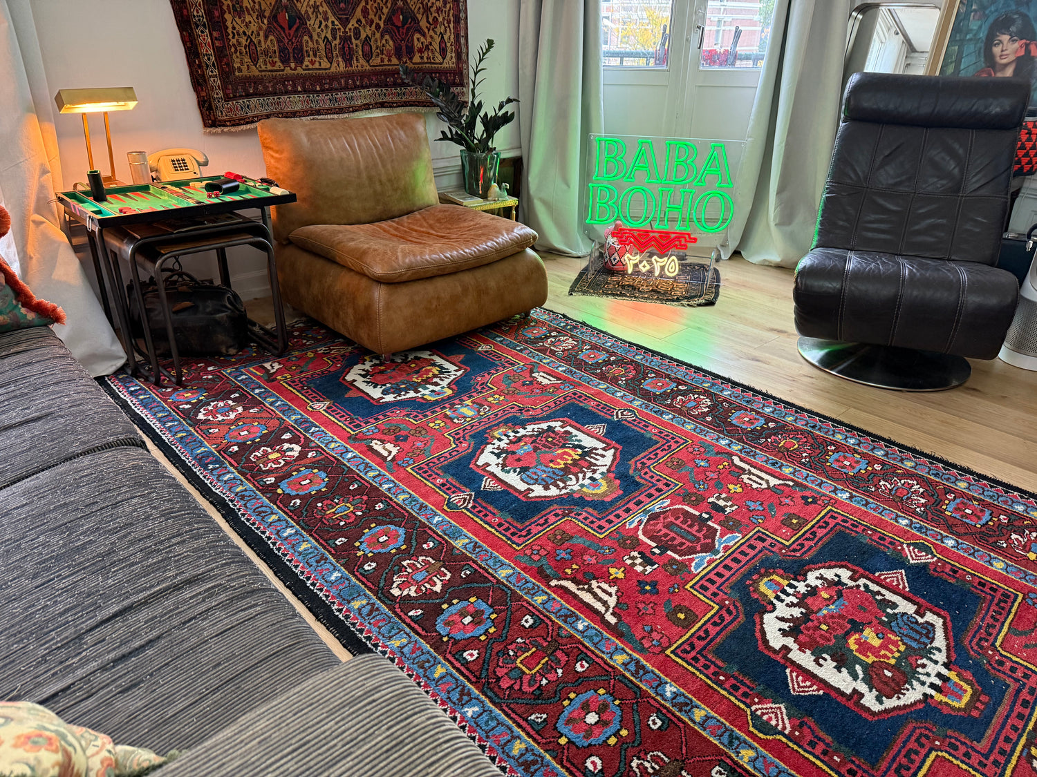 Lang vintage Heriz-stijl tapijt – 405 × 165 cm