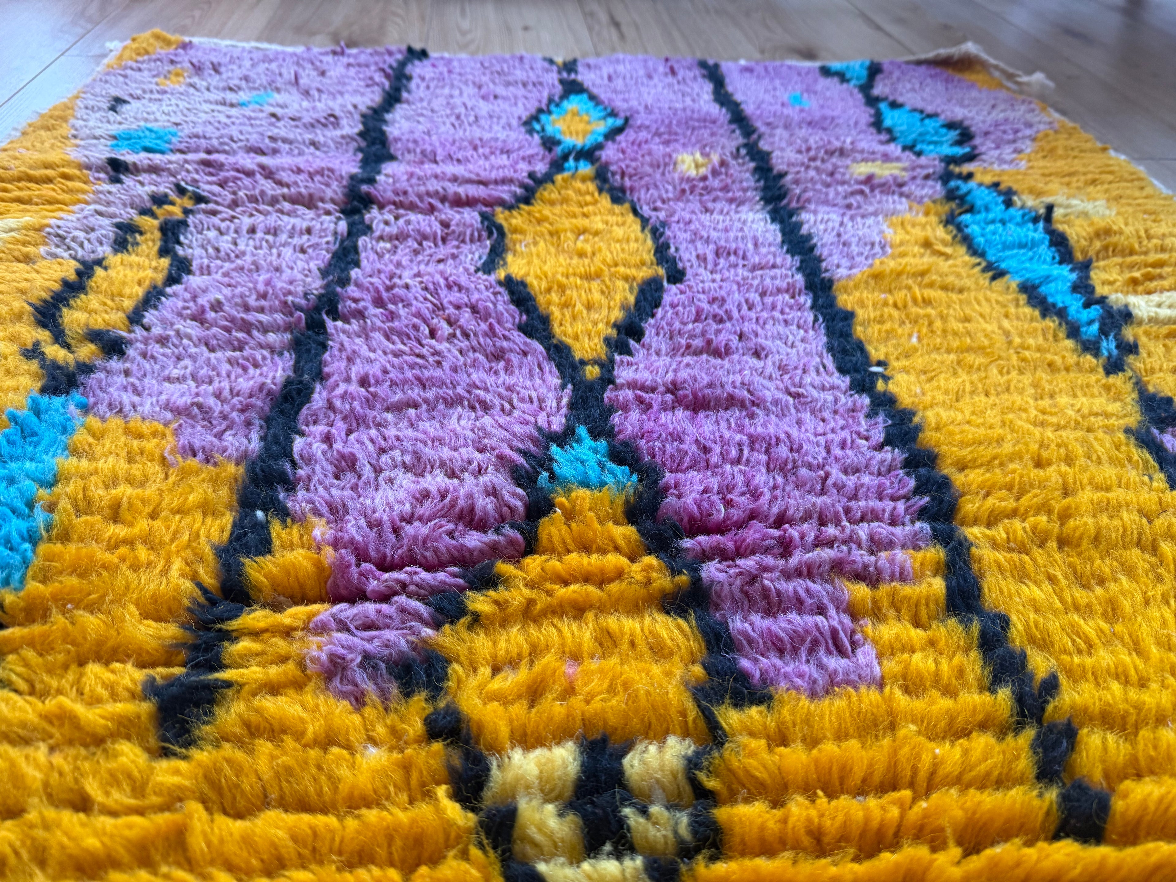 Vintage Moroccan runner – mustard yellow, lilac, and turquoise – 211 × 100 cm