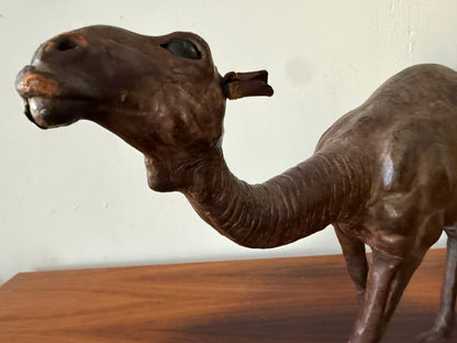 Vintage Dark Leather Camel (Dromedary) – Sculptural Handcrafted Wood &amp; Leather Object