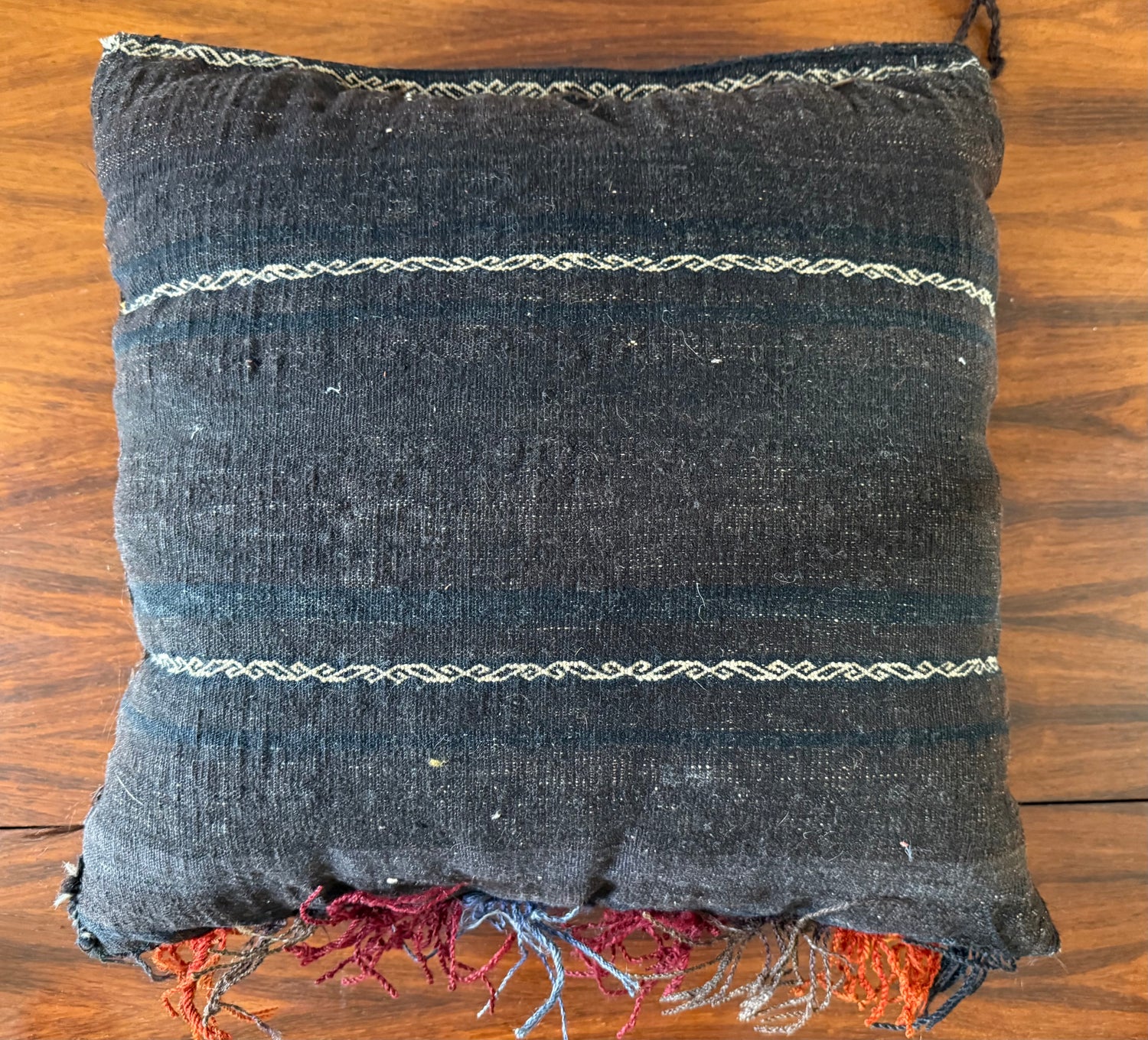 Vintage nomadic floor cushion made of hand-knotted wool, one of a kind