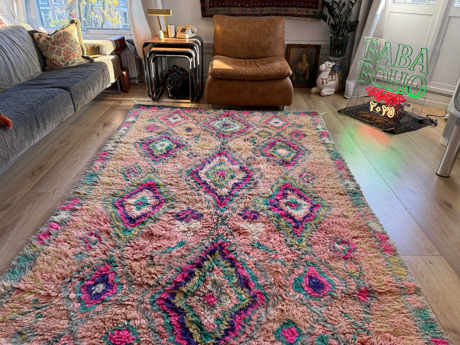 Authentiek handgeknoopt vintage tapijt – kleurrijk boho design – ca. 344 × 174 cm