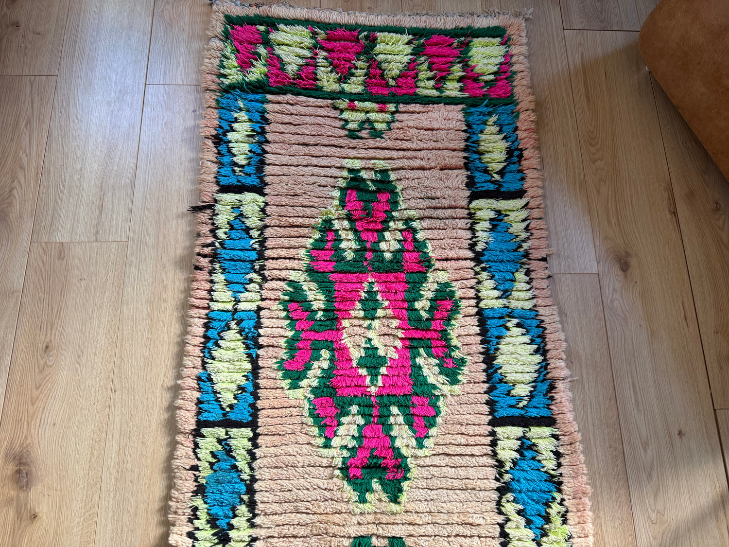 Vintage Moroccan Runner in Pink and Turquoise – 280 × 78 cm