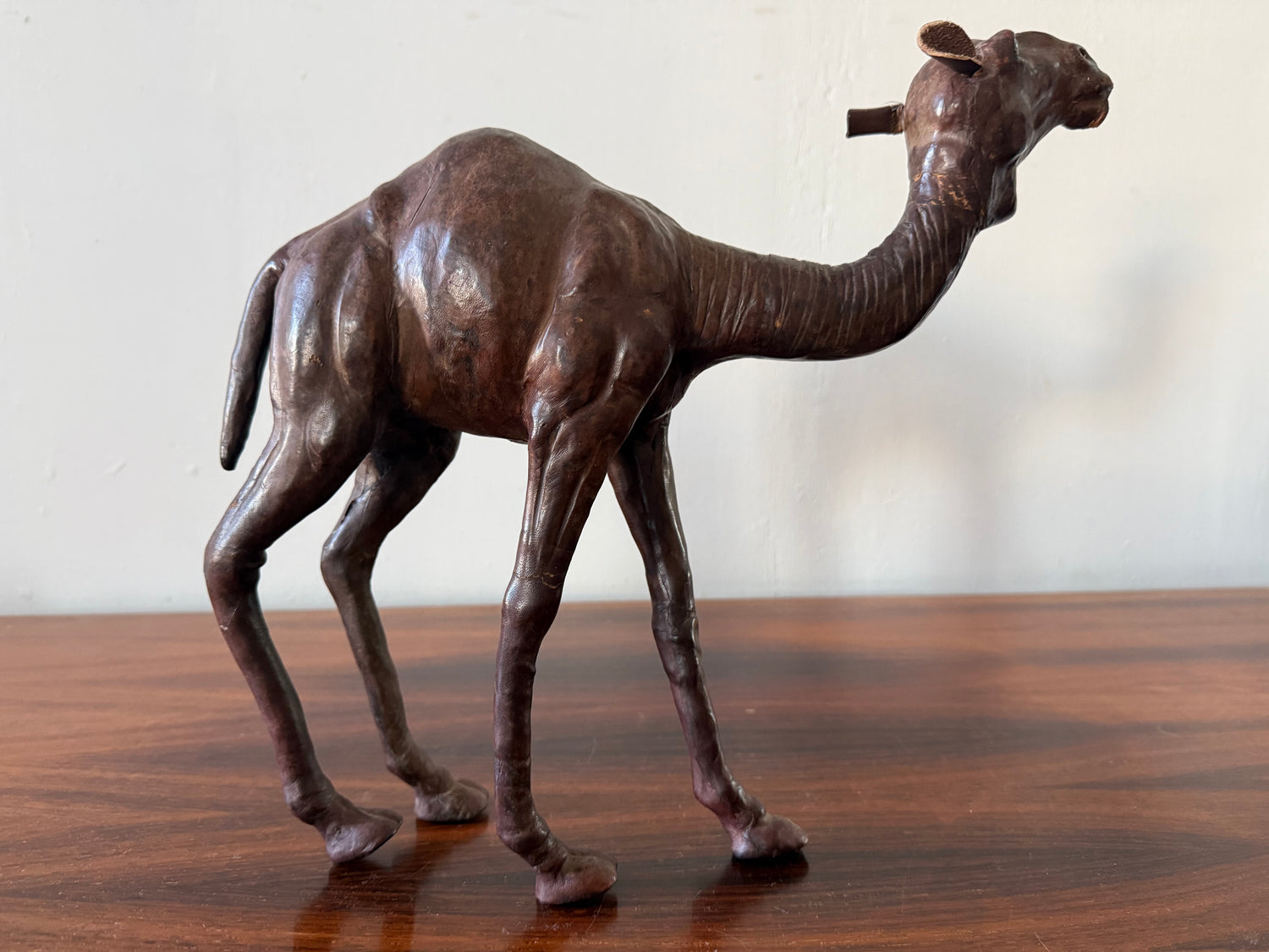 Vintage Dark Leather Camel (Dromedary) – Sculptural Handcrafted Wood &amp; Leather Object