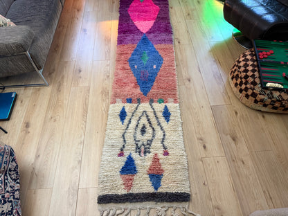 Authentiek Berber wollen kleed – kleurrijke Marokkaanse loper (310 × 70 cm)