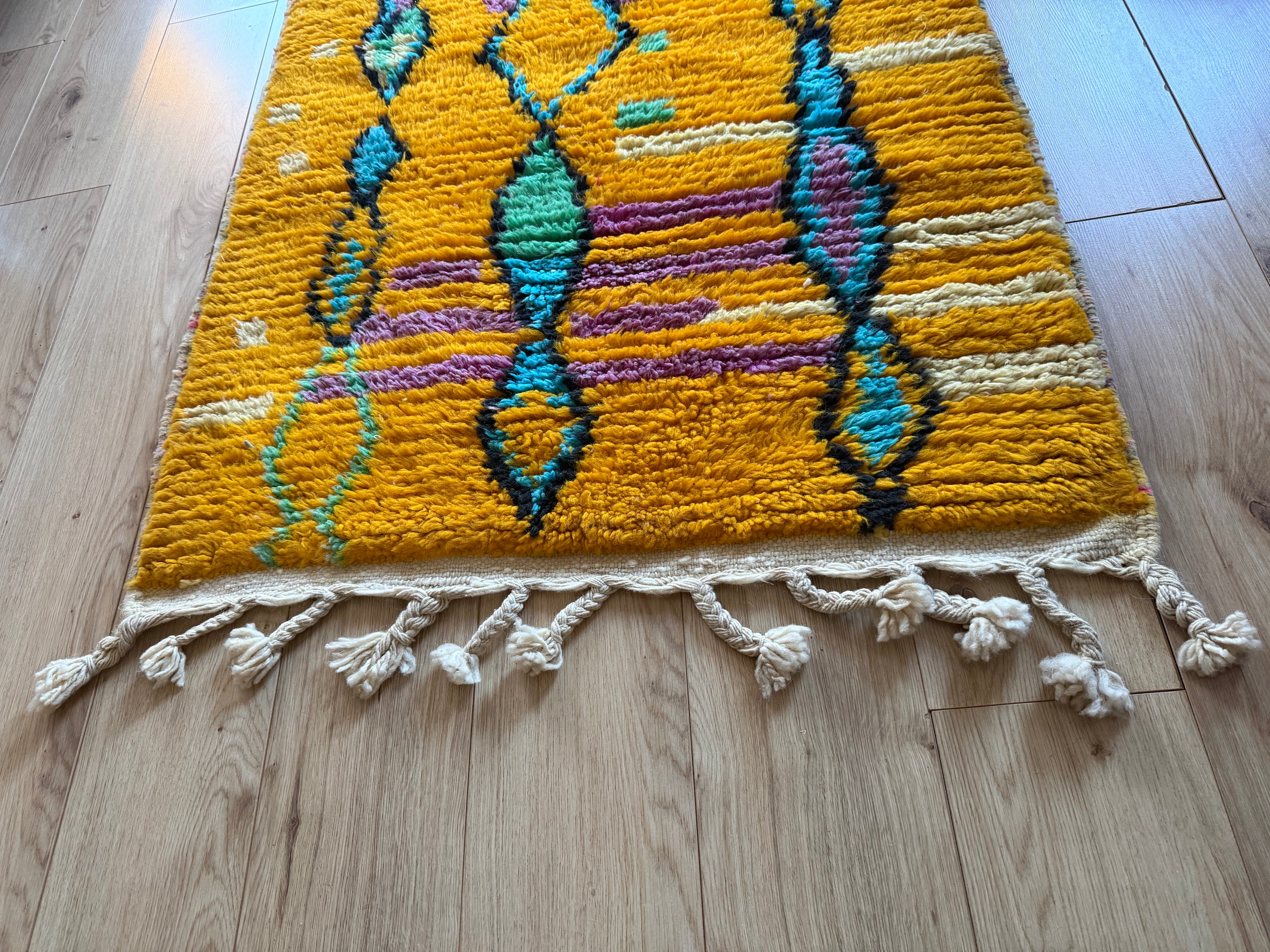 Vintage Moroccan runner – mustard yellow, lilac, and turquoise – 211 × 100 cm