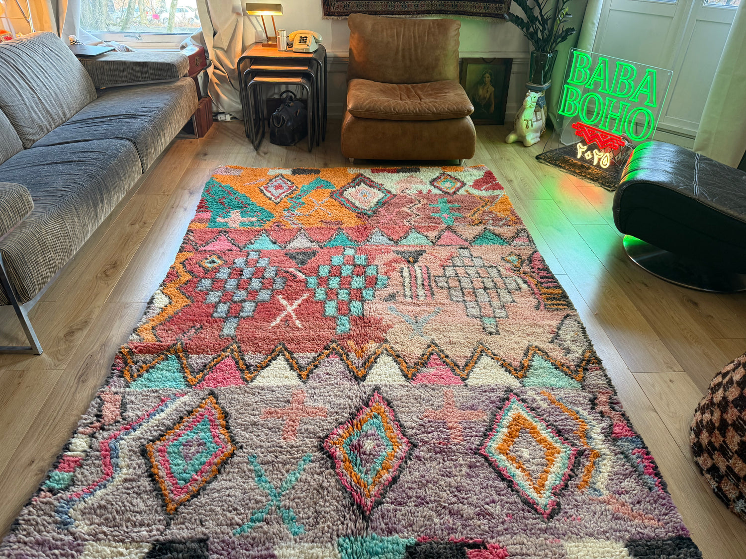 Kleurrijk handgeknoopt Marokkaans tapijt – 282 × 172 cm – boho vintage