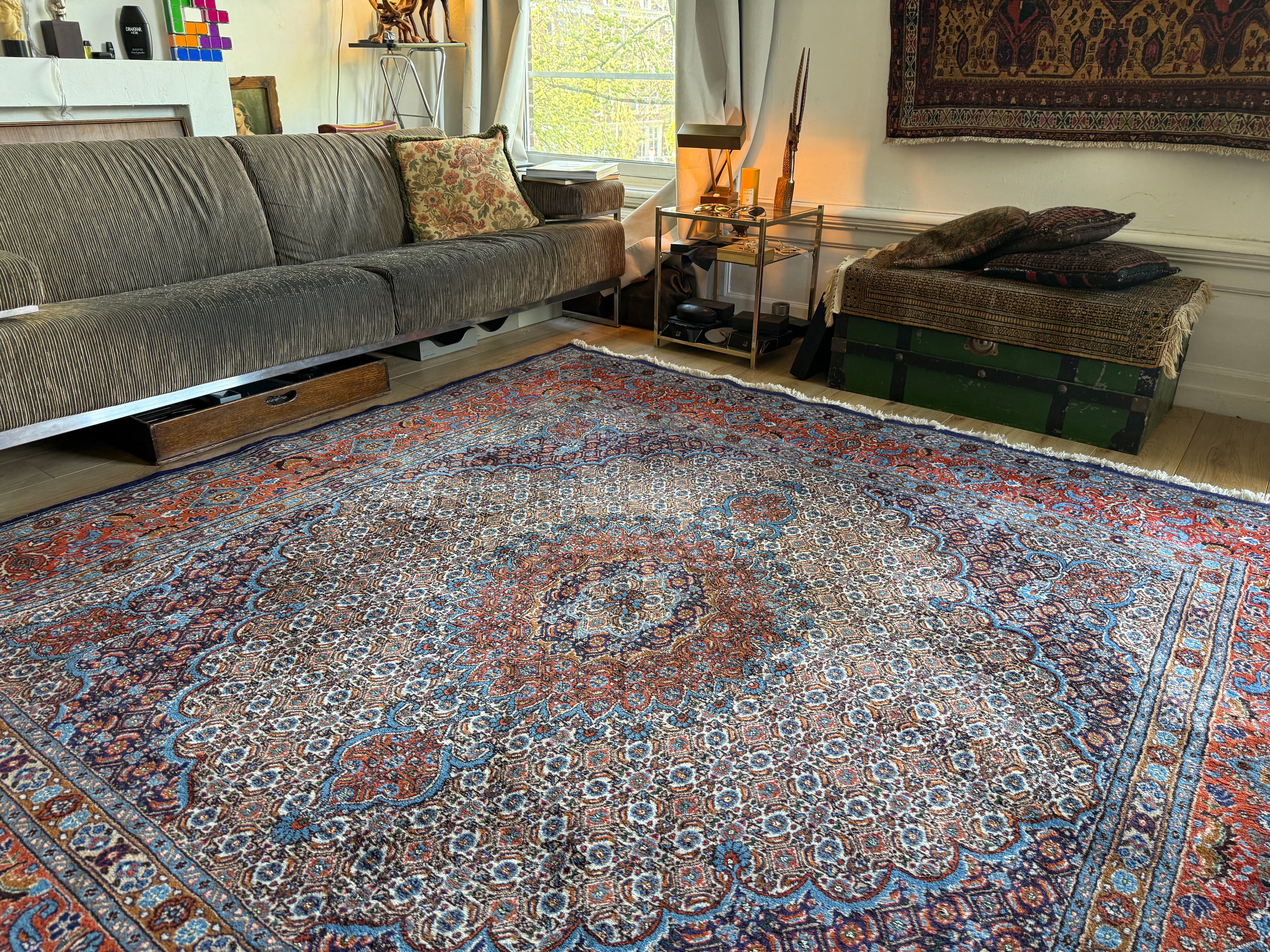 Handgeknoopt klassiek medaillon tapijt, ( vierkant ) rijk rood &amp; blauw – 253 × 246 cm