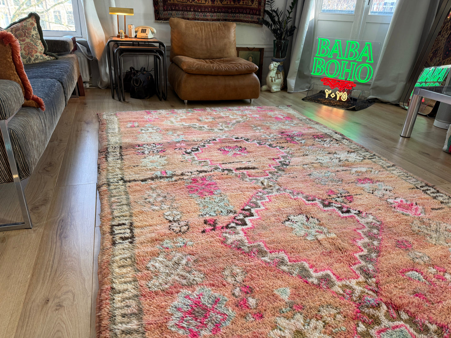 Vintage handgeknoopt tapijt – warm pastel &amp; roze – ca. 303 × 182 cm