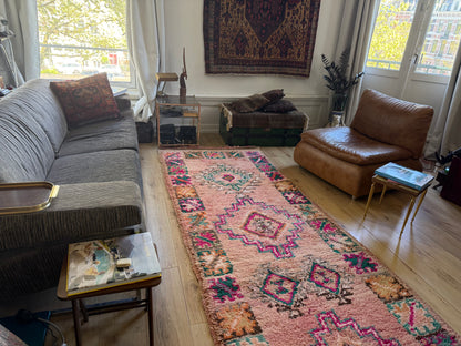 Vintage Moroccan runner in soft pink wool – 416 × 115 cm