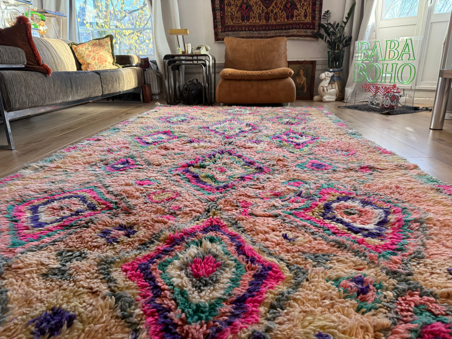 Authentiek handgeknoopt vintage tapijt – kleurrijk boho design – ca. 344 × 174 cm