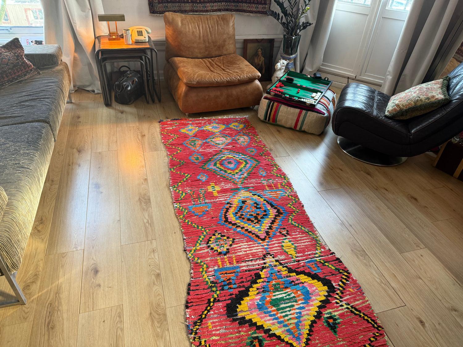 Handgeweven vintage loper met levend ritme 334 × ca. 92 cm (organisch variërend)