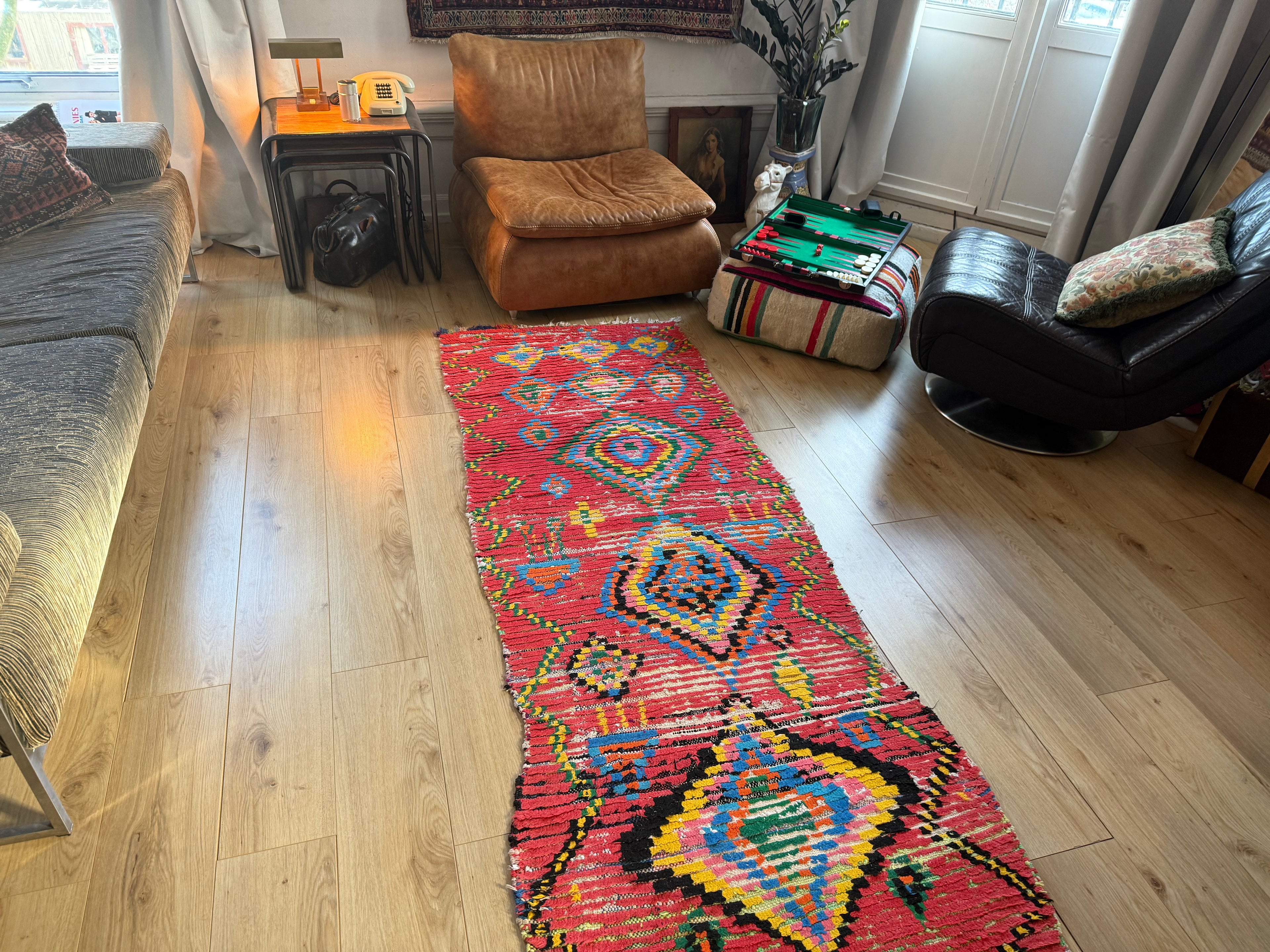 Handgeweven vintage loper met levend ritme 334 × ca. 92 cm (organisch variërend)