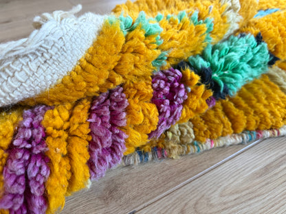 Vintage Moroccan runner – mustard yellow, lilac, and turquoise – 211 × 100 cm