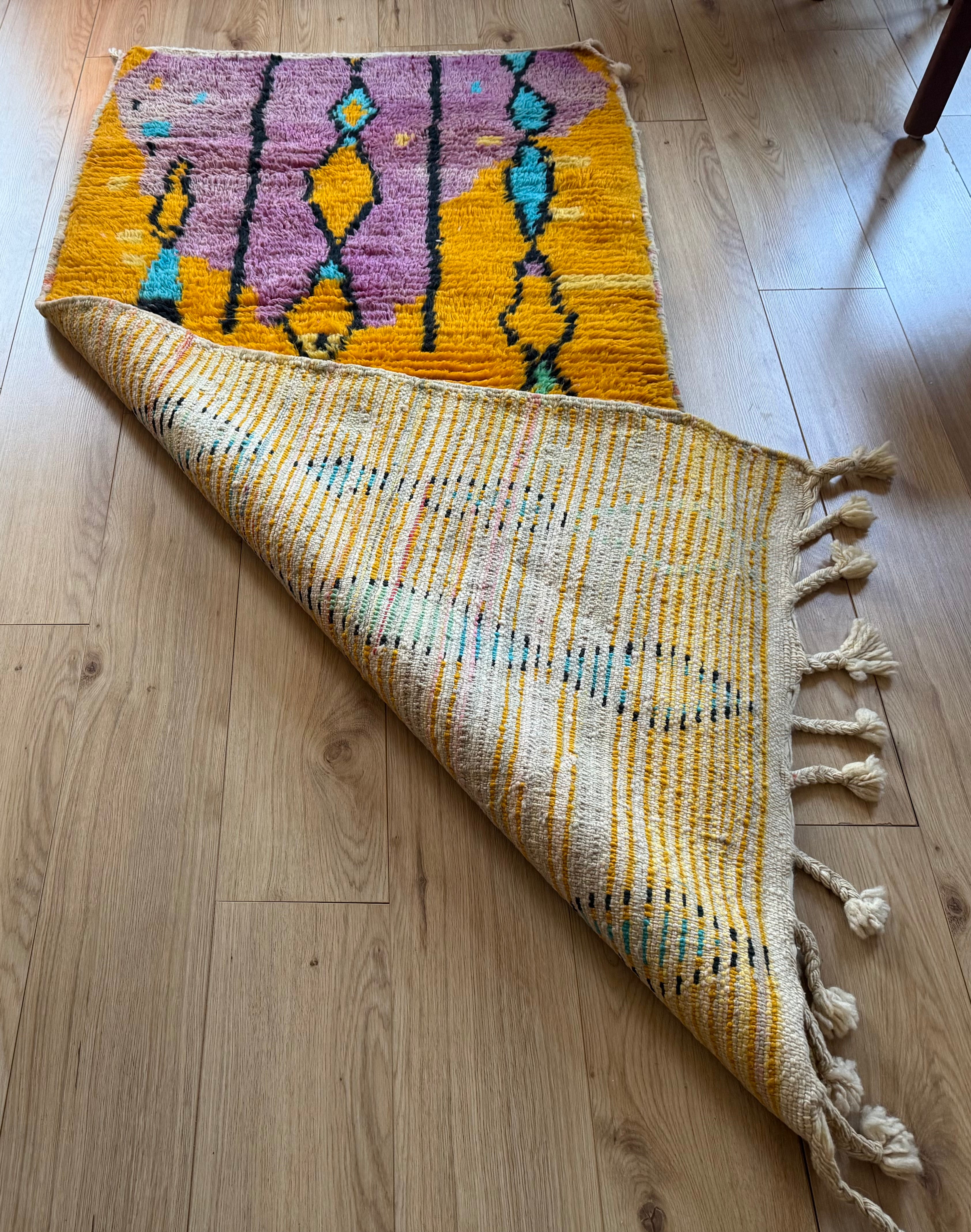 Vintage Moroccan runner – mustard yellow, lilac, and turquoise – 211 × 100 cm