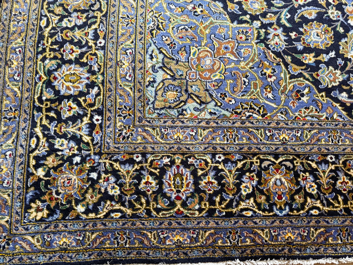 XL vintage medaillon tapijt in nachtblauw &amp; lichtblauw – ca. 408×295 cm