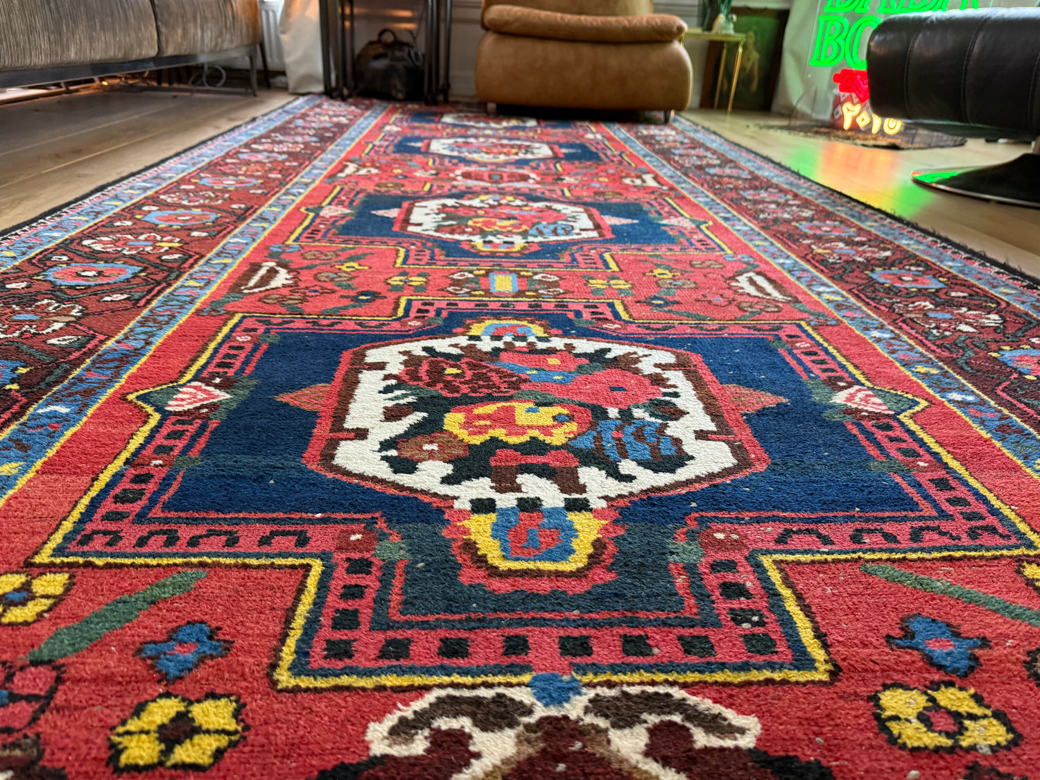 Lang vintage Heriz-stijl tapijt – 405 × 165 cm