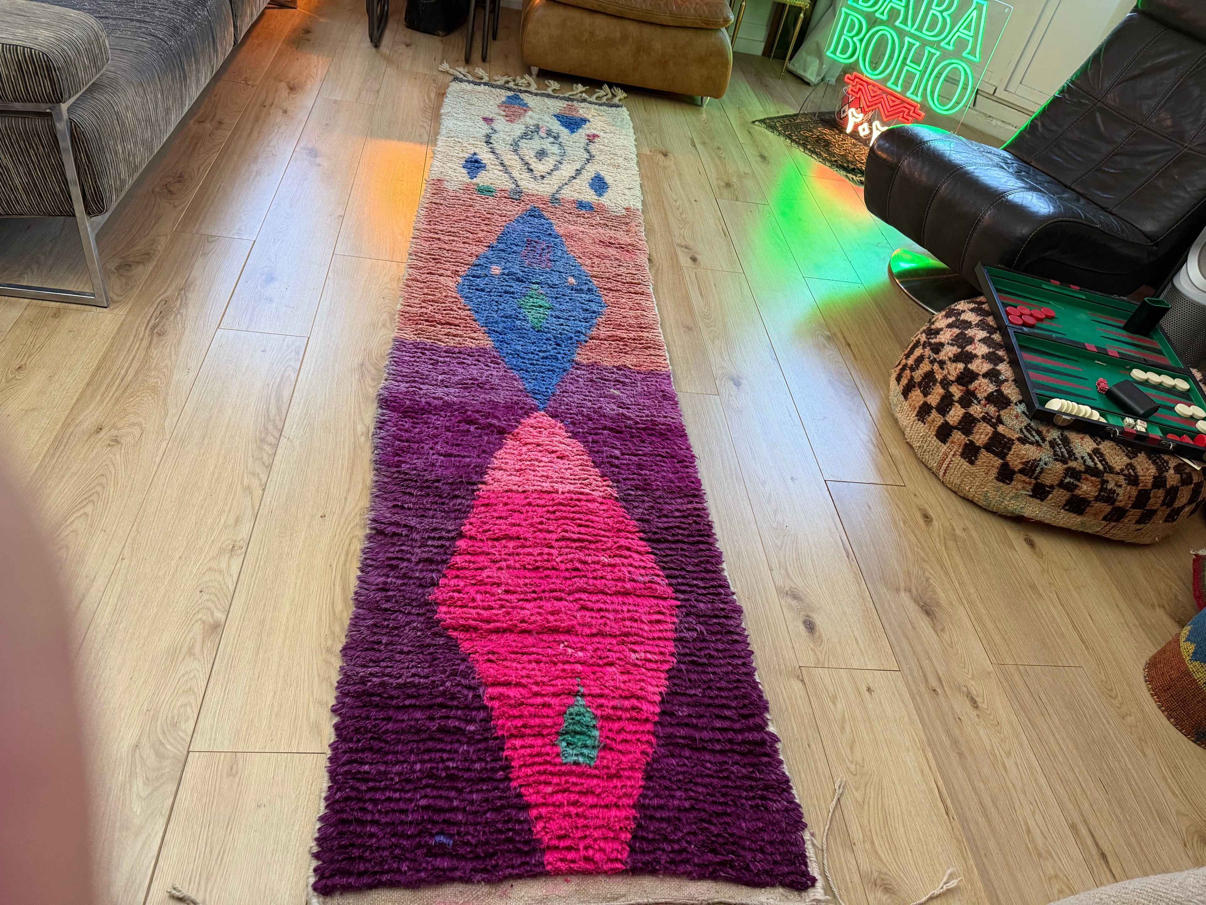 Authentiek Berber wollen kleed – kleurrijke Marokkaanse loper (310 × 70 cm)