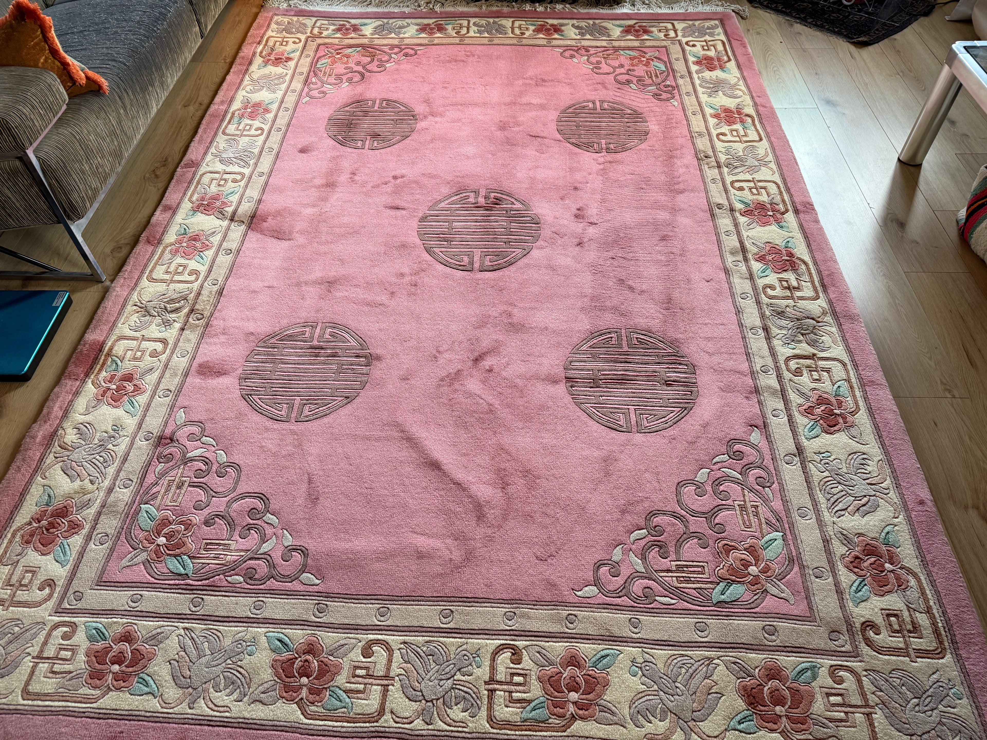 Vintage Art Deco tapijt in warm roze – 330 × 215 cm