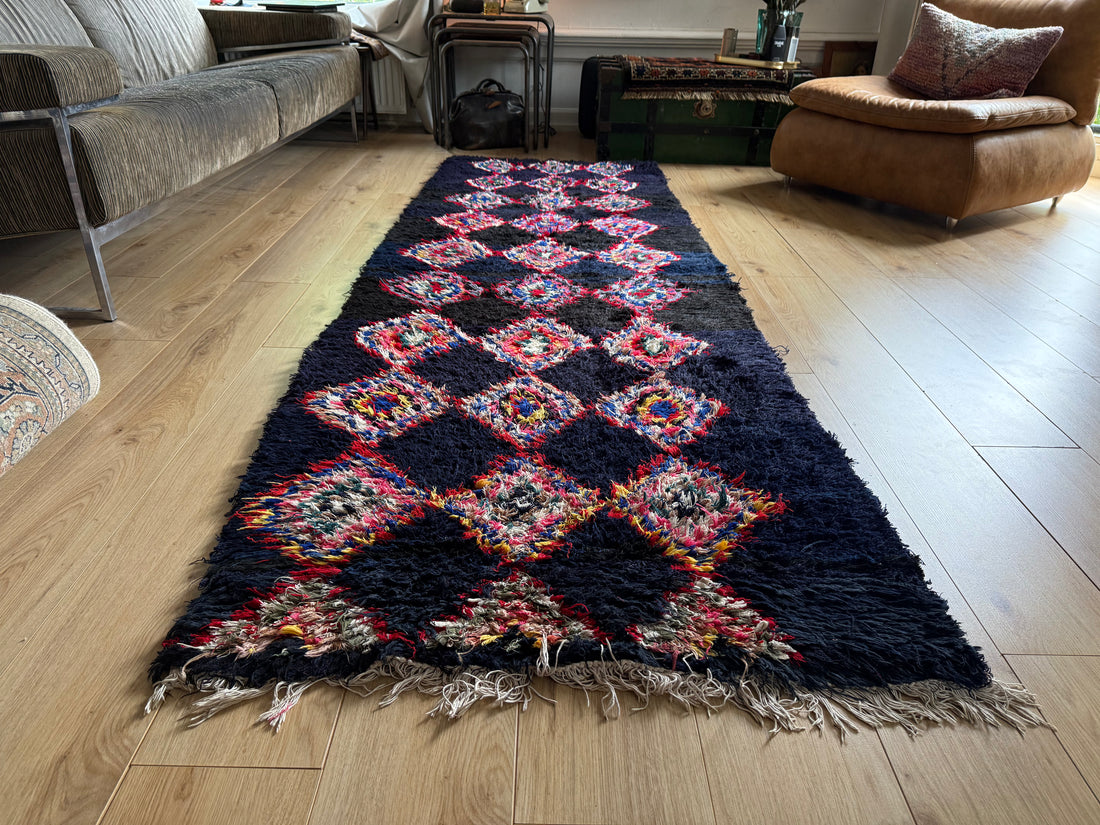 Handgeknoopte Marokkaanse Boucherouite-loper – ca. 310 × 85 cm
