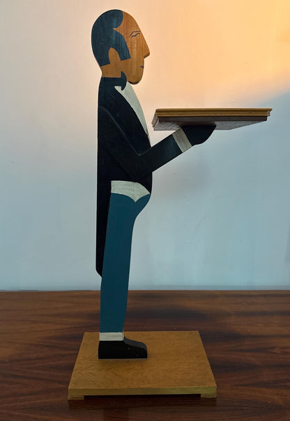 Sculptural wooden figure with tray – functional art piece – 76 cm tall – old-fashioned design