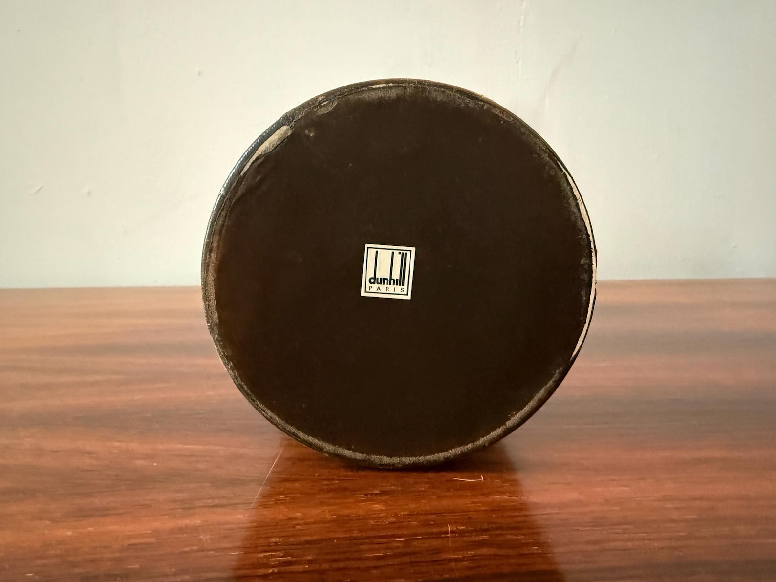 Vintage leather tobacco jar with ceramic lid – mid 20th century – Dunhill Paris label