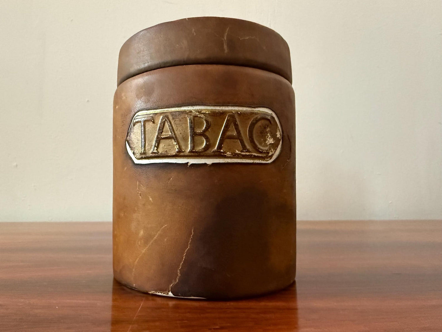 Vintage leather tobacco jar with ceramic lid – mid 20th century – Dunhill Paris label