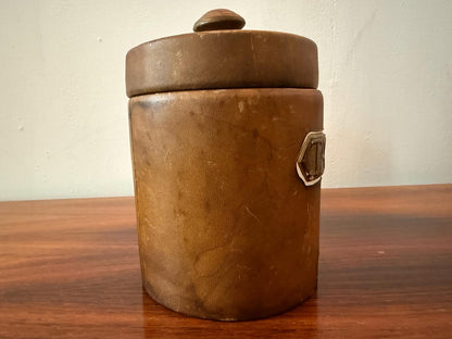 Vintage leather tobacco jar with ceramic lid – mid 20th century – Dunhill Paris label