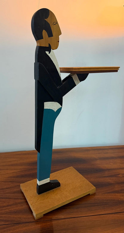 Sculptural wooden figure with tray – functional art piece – 76 cm tall – old-fashioned design
