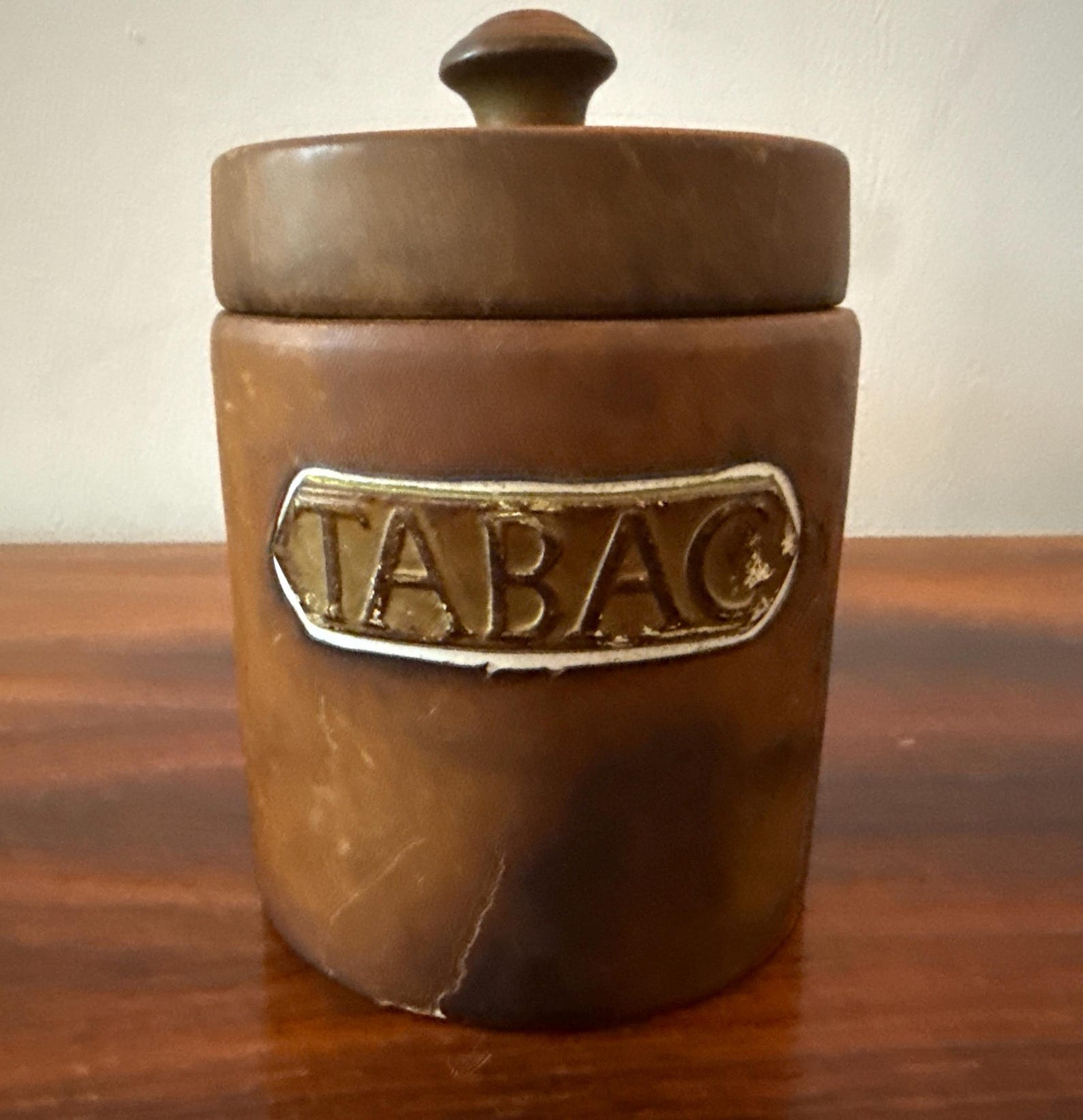 Vintage leather tobacco jar with ceramic lid – mid 20th century – Dunhill Paris label