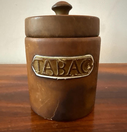 Vintage leather tobacco jar with ceramic lid – mid 20th century – Dunhill Paris label