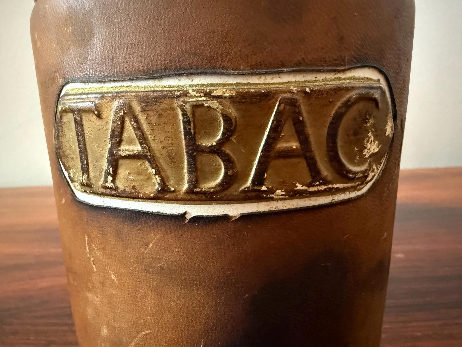 Vintage leather tobacco jar with ceramic lid – mid 20th century – Dunhill Paris label