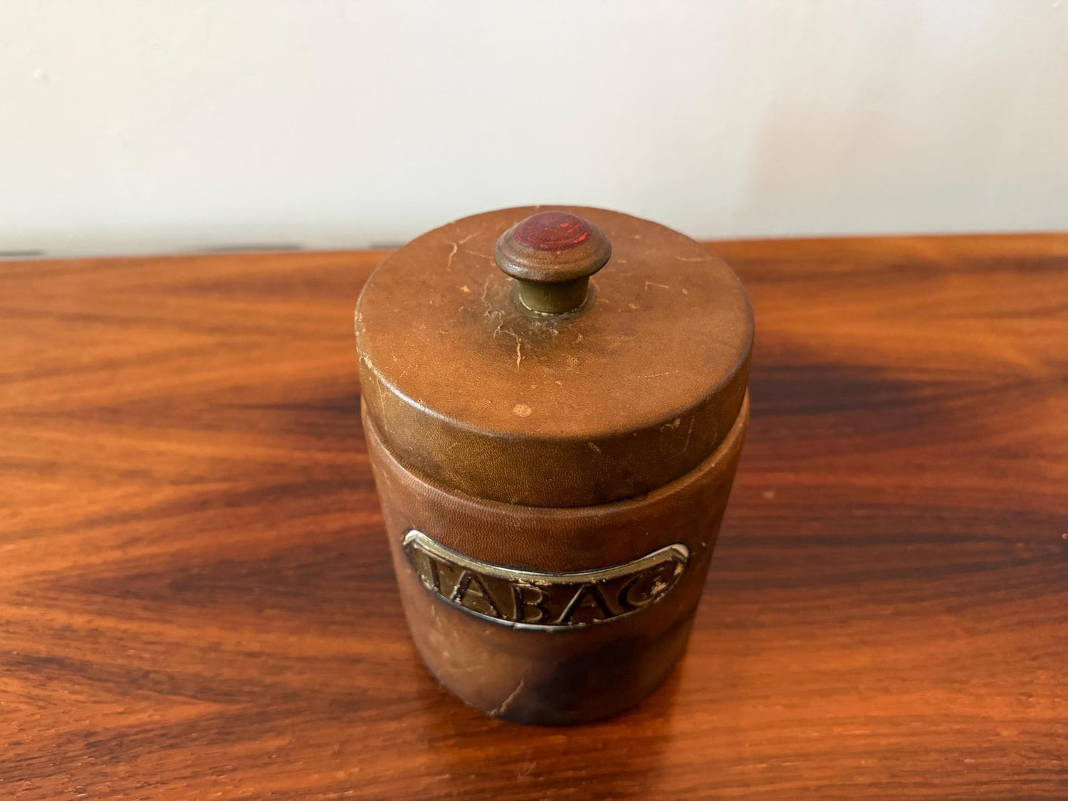 Vintage leather tobacco jar with ceramic lid – mid 20th century – Dunhill Paris label