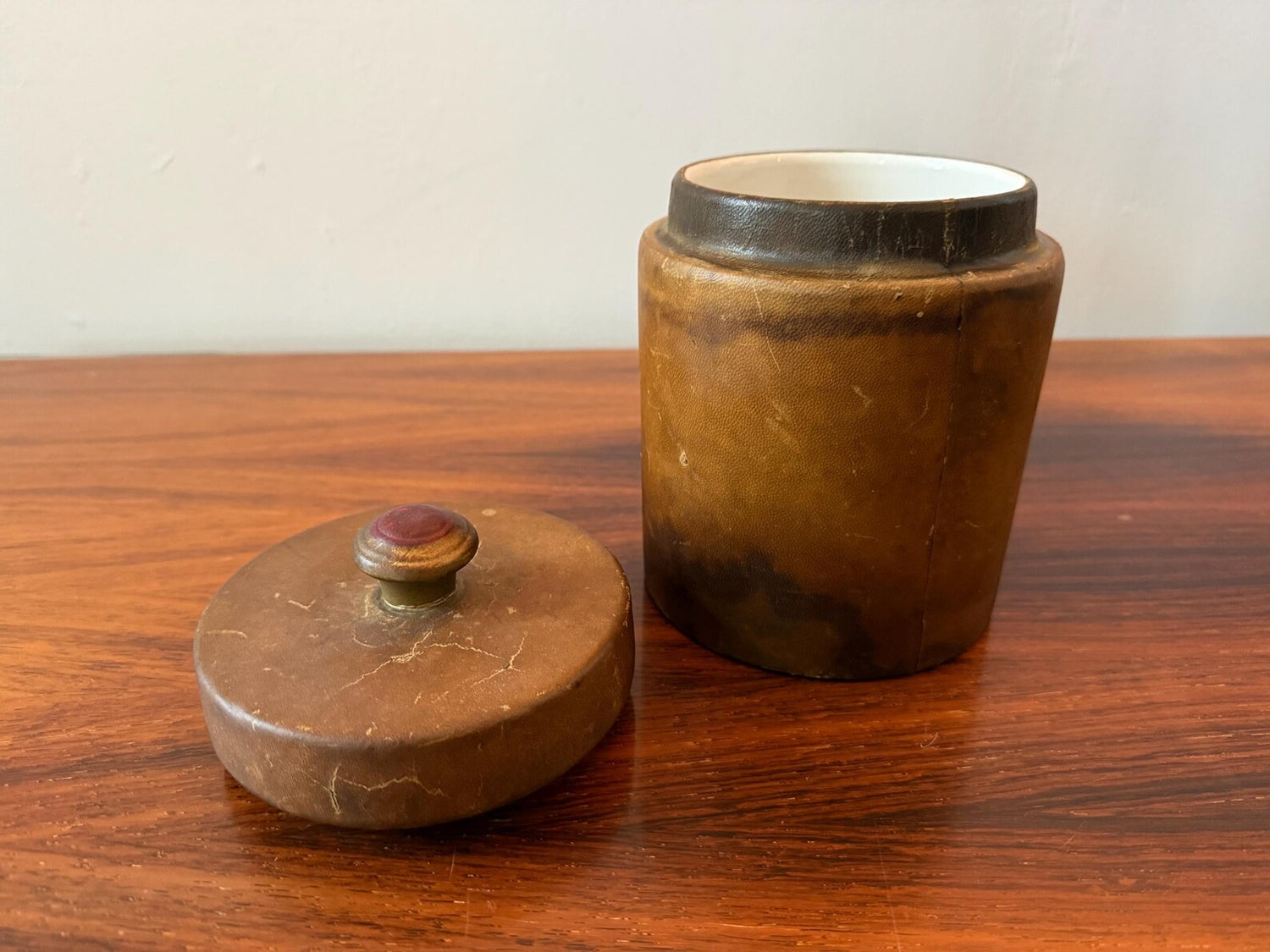 Vintage leather tobacco jar with ceramic lid – mid 20th century – Dunhill Paris label