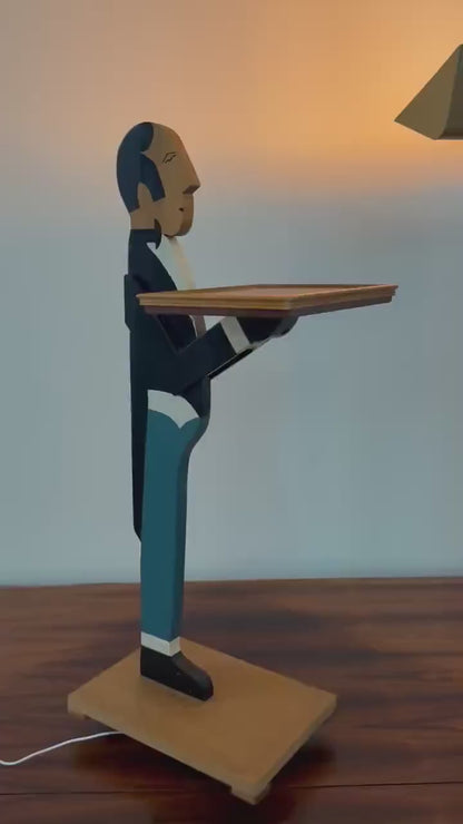 Sculptural wooden figure with tray – functional art piece – 76 cm tall – old-fashioned design