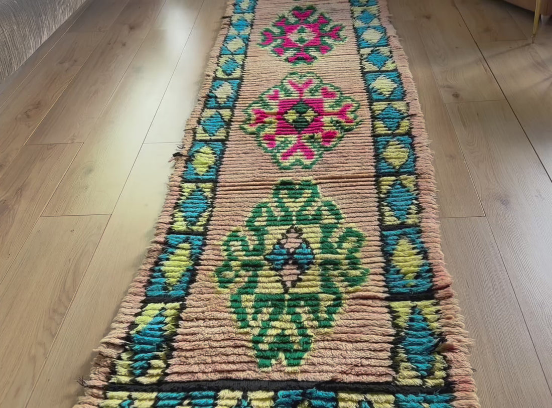 Vintage Moroccan Runner in Pink and Turquoise – 280 × 78 cm