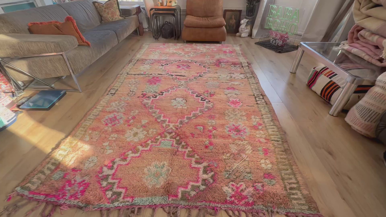 Vintage handgeknoopt tapijt – warm pastel &amp; roze – ca. 303 × 182 cm