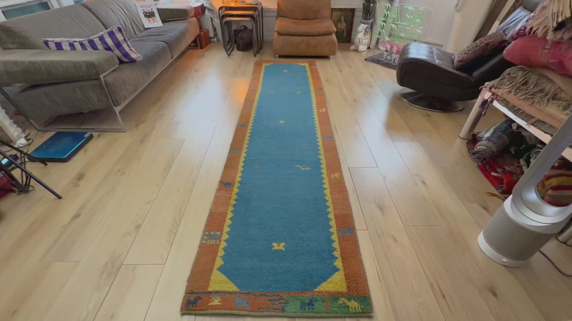 Vintage handgeknoopte loper – blauw &amp; oker – ca. 302 × 77,5 cm