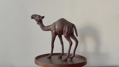 Vintage Dark Leather Camel (Dromedary) – Sculptural Handcrafted Wood &amp; Leather Object