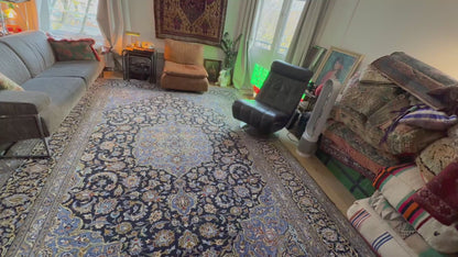 XL vintage medaillon tapijt in nachtblauw &amp; lichtblauw – ca. 408×295 cm