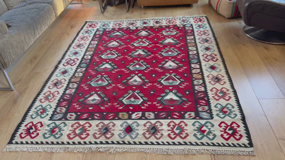 Grafische vintage kilim met diermotieven – 216 × 160 cm