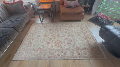 Handgeknoopt vintage tapijt – zand &amp; oudroze | Ziegler-stijl, 188 × 127 cm