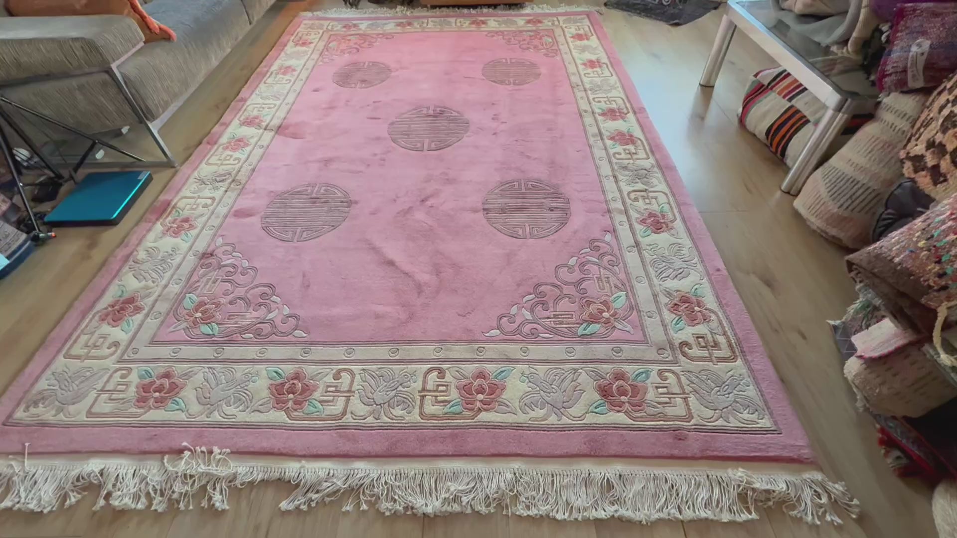 Vintage Art Deco tapijt in warm roze – 330 × 215 cm