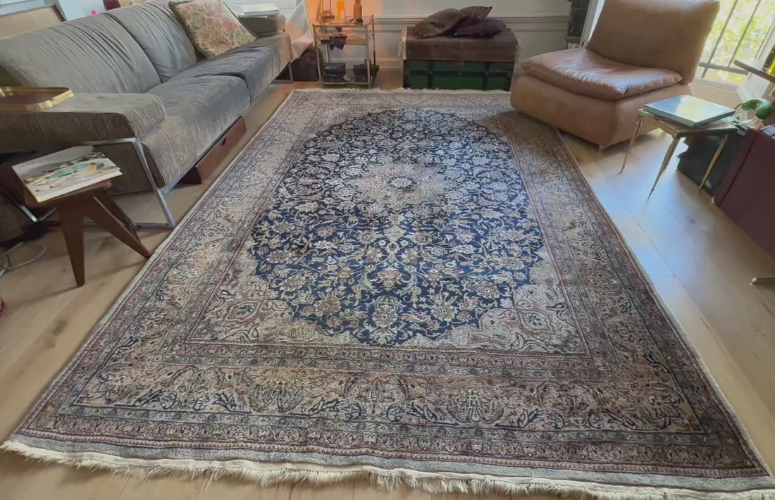 Handgeknoopt tapijt 304 × 202 cm – Kashan stijl – blauw veld