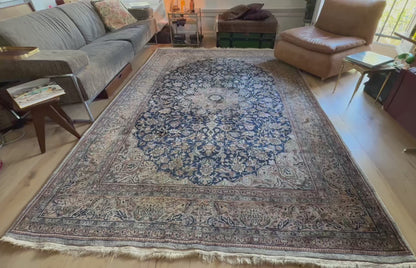 Handgeknoopt tapijt 304 × 202 cm – Kashan stijl – blauw veld